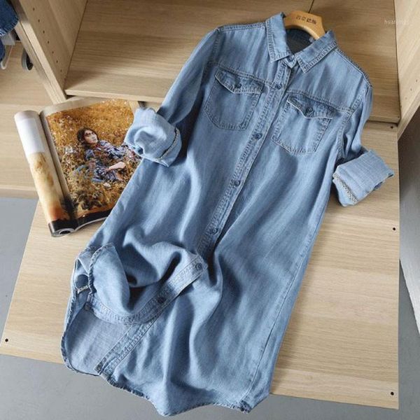 

2020 spring new fashion women long sleeve turn-down collar denim shirts double pocket loose casual long blouses femme v301, White