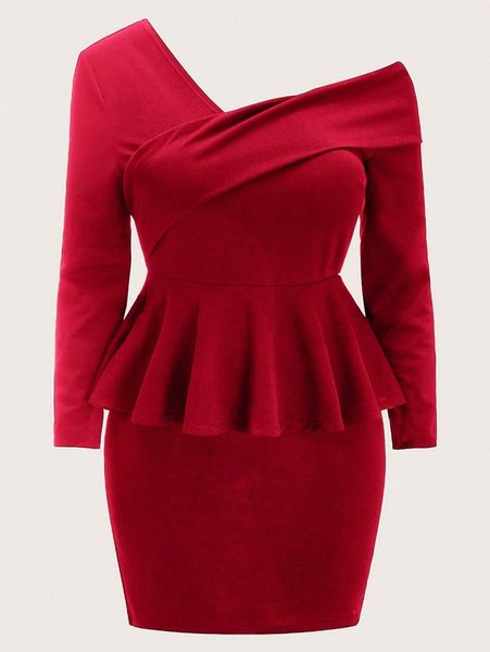

plus asymmetrical neck peplum dress a7ck#, Black
