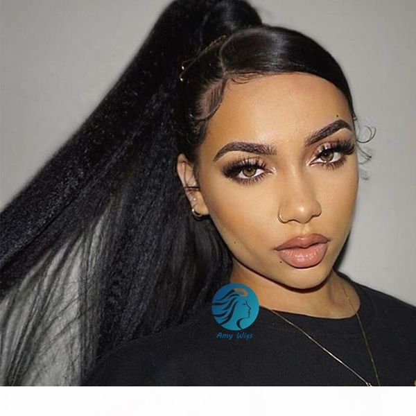 

deep parting kinky straight wigs bleached knots 13x6 lace front human hair wigs for women remy brazilian 130% natural pre plucked human wig, Black;brown
