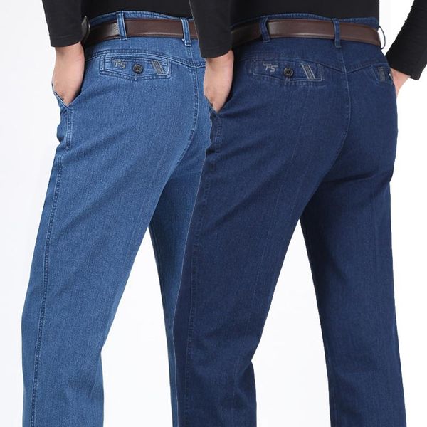 

mens spring autumn fashion stretch denim jeans middle waist straight solid color long biker jean pants trouses, Blue