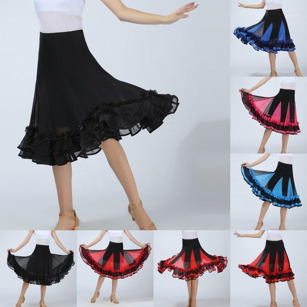 

women color matching patchwork dance practice dress latin dance big swing skirt ballroom dress mesh perspective1, Black;red