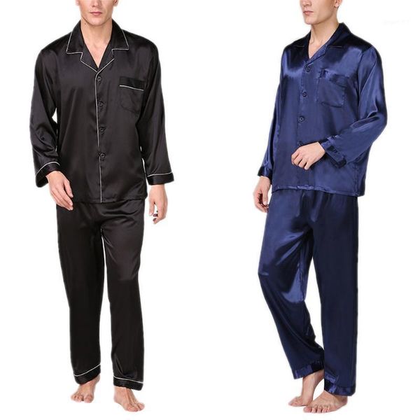 

2020 new men satin silky sleepwear pajamas sets long sleeve shirts + long pant sleepwear suits plus size l-3xl1, Black;brown