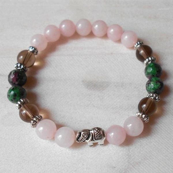

elephant charm mala bracelet women rose quartzs handmade beaded healing stone jewelry smoky quartzs energy bracelet1, Golden;silver