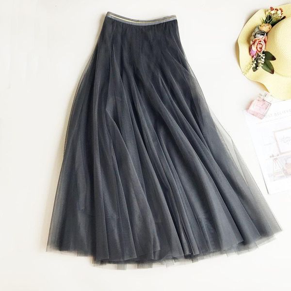 

skirts ball gown 2021 spring elastic waist long slim mesh skirt high solid pleated tutu for women saias faldas korea1, Black