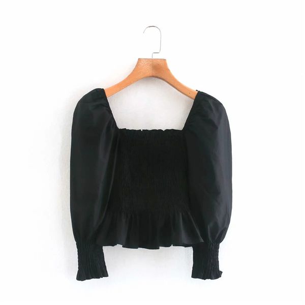 

2021 new women poplin fashion ruffled hem elastic trims smocked vintage square collar puff sleeves cropped blouses lntr, White