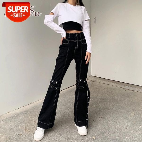 

artsu gothic grunge black jeans harajuku punk wide leg women pants hip hop high waist bandage streetwear rivet trousers pa52524 #dw0b, Black;white