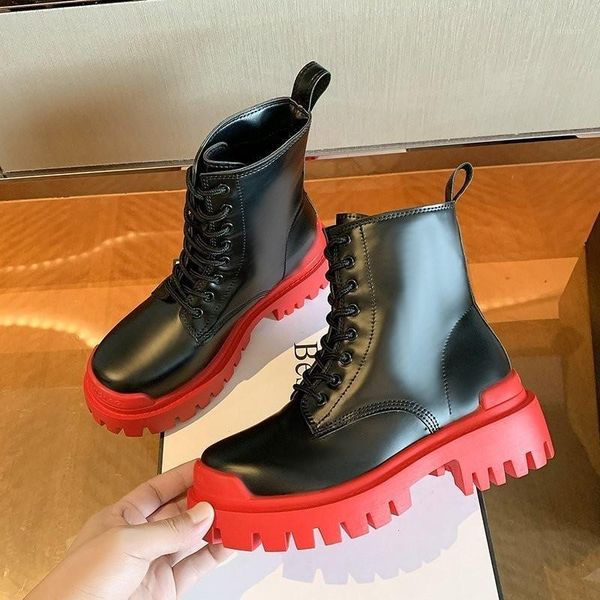 

thick sole boots women platform genuine leather ankle botas 2020 british style handsome motorcycle boots cross-tied1, Black