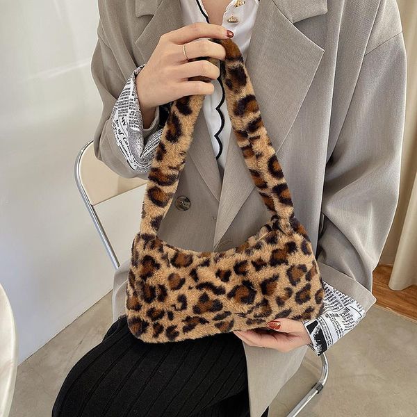 

cross body fashion leopard print women small shoulder bag plush soft fluffy ladies baguette purse handbags vintage female underarm bags
