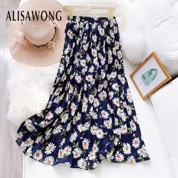 

fashion women small daisy flower printed medium long chiffon skirt 2020 summer korean ladies vintage high waist pleated skirts1, Black