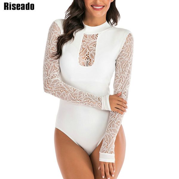

riseado rash guard long sleeved one piece swimsuits swimming surfing suits mesh swimwear women see through beachwear t200708, White;black