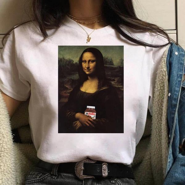

mona lisa nutella print t shirt women 90s harajuku ullzang fashion t-shirt graphic cute cartoon tshirt korean style tees, White