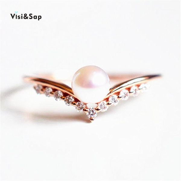 Visisap Korea Lindo V Shape Imitation Pearls Rings for Female Factory Outlet Rose Gold Color Women Ring Wholesale Jewelry B24101
