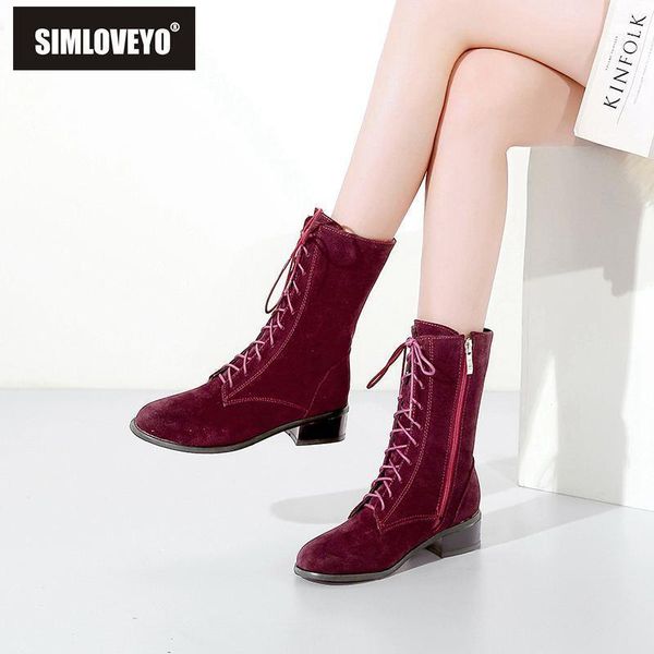 

simloveyo winter boots women shoes women ankle boots lace up zipper flock round toe botas feminino mujer solid chaussures b10971, Black