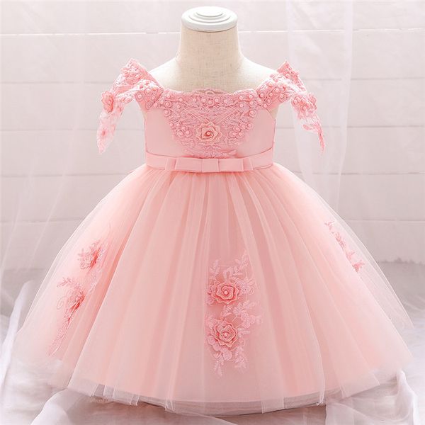 

flower baby girls infant dress beads shoulderless baby girl wedding dress kids party vestidos for baby princess 1 years birthday lj201223, Red;yellow