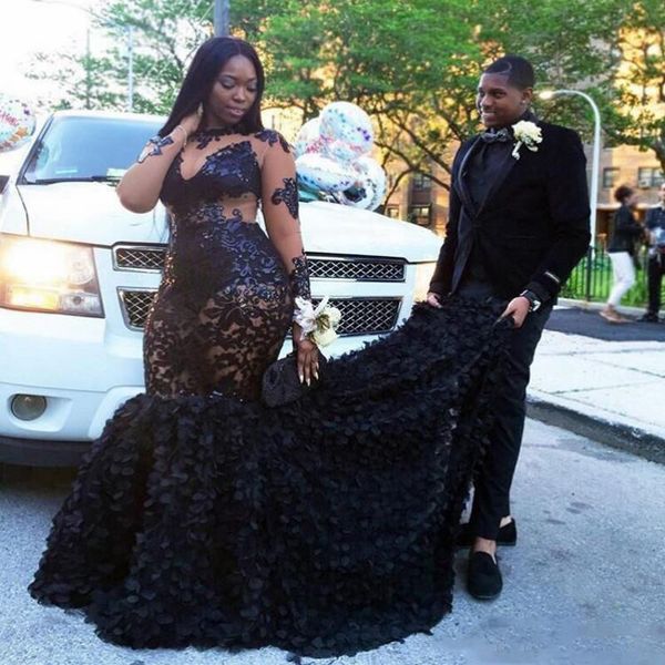 

african plus size prom dresses long appliques sheer neckline mermaid evening gowns sleeves tiered black girls formal dresses evening wear, Black;red