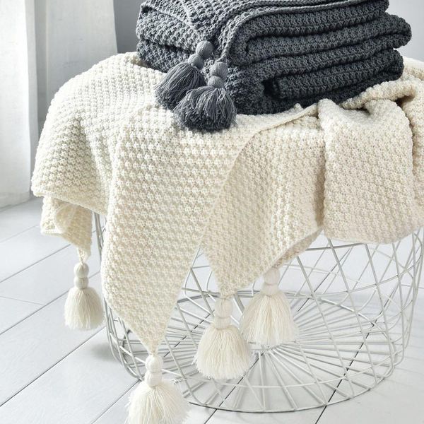

blankets 2021 throw blanket with tassel solid beige grey thread for bed sofa home textile fashion cape knitted 130x170cm