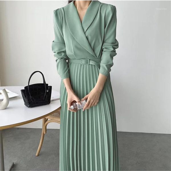 

ewq] 2020 autumn new long sleeve simple and fashionable elegant modern lady dresses panelled green robe blazer dresses 16q4981, Black;gray