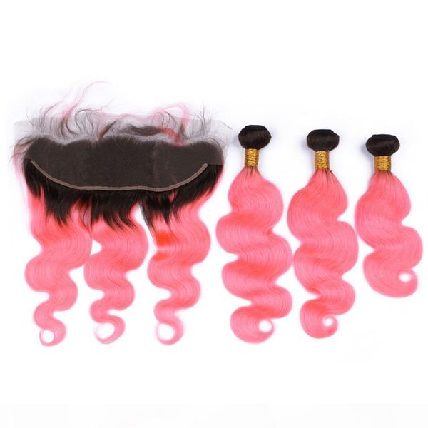 

body wave #1b pink ombre virgin brazilian human hair weft 3bundles with frontal black and pink ombre 13x4 lace frontal closure with weaves, Black;brown