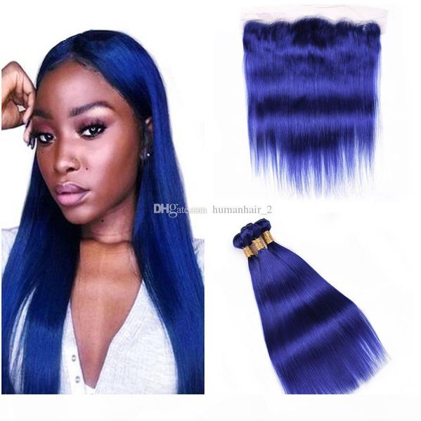 

blue hair extensions with lace frontal closure dark blue virgin brazilian human hair with lace frontal closure straight virgin hair wefts, Black;brown