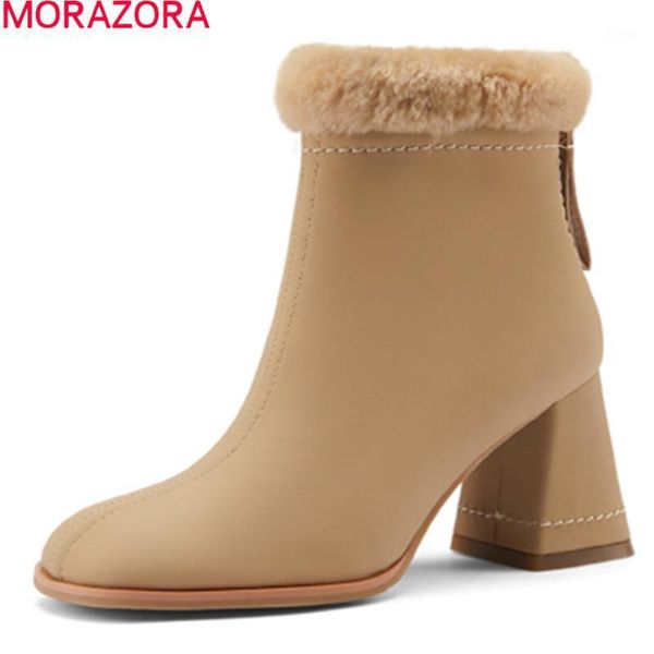 

morazora 2021 new arrival fashion ankle boots winter keep warm high heels women boots genuine leather black apricot1