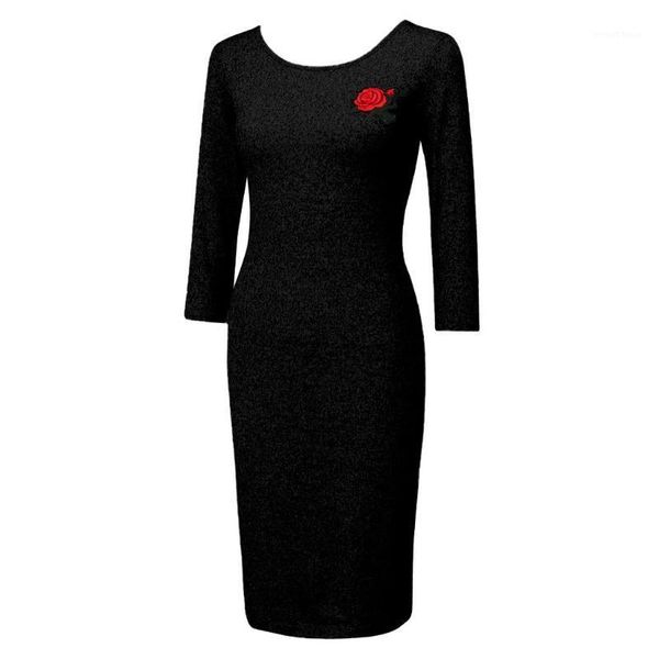 

fashion new 2020 ladies round neck long sleeve solid applique dress1, Black;gray