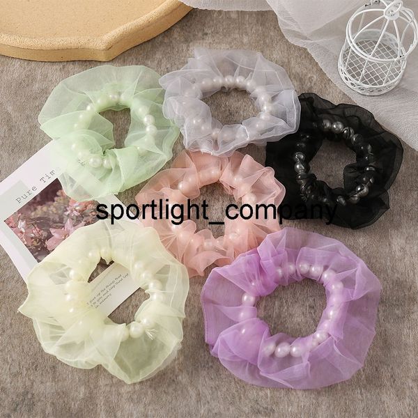 

imitation pearl chiffon solid color hair scrunchies soft elastic hair bands women sweet elegant hair accessories ponytail holder, Slivery;white