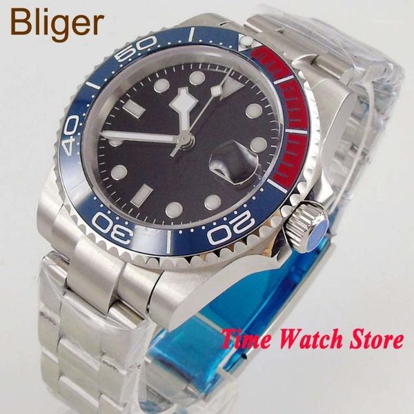 

bliger quality luxury 40mm no logo wrist watch men waterproof dive black dial red luminous sapphire glass automatic1, Slivery;brown