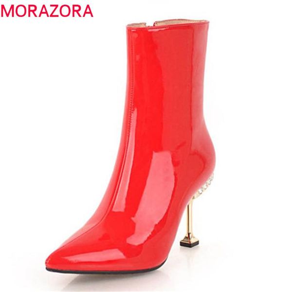 

boots morazora 2021 patent leather ankle for women pointed toe autumn winter high heels party shoes, Black