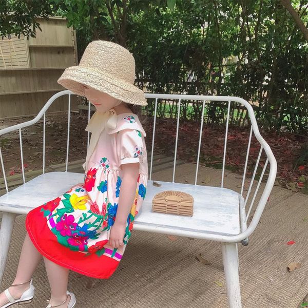 

summer new baby girl dress kids beach bow tie princess dress girls lotus leaf print doll collar birthday party, Red;yellow