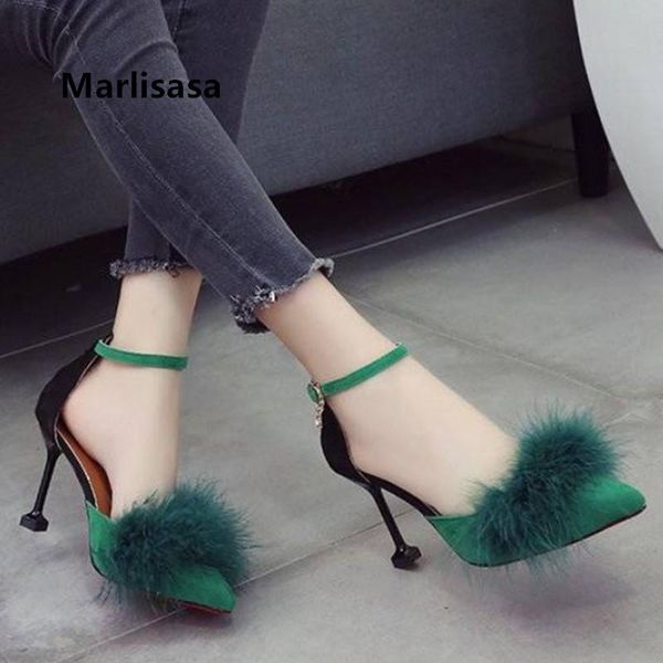

marlisasa women cute grey fur high heel shoes ladies classic buckle strap pointed toe high heel party shoes zapatos dama f5714, Black