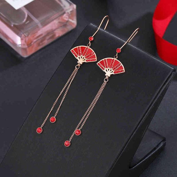 

charms earrings chinese style red fan tassel feminine long net face thin, Golden