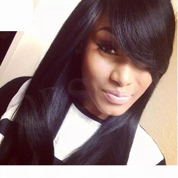 

brazilian human hair wigs with side bangs hd transparent lace straight glueless pre plucked full lace wig with bangs for black women, Black;brown