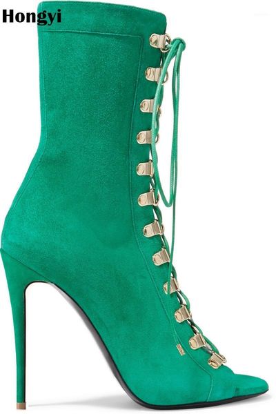 

boots hongyi design women suede lace up green black open toe high heels shoes spring autumn woman ankle size1