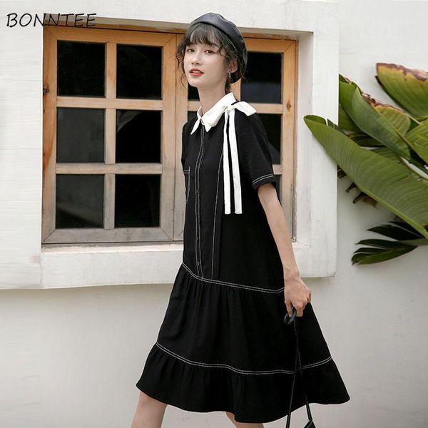 

casual dresses short sleeve women dress bow streetwear fashion korean style comfortable leisure elegant graceful well-designed trendy loose1, Black;gray