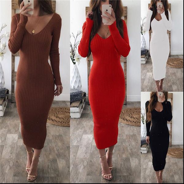 

2021 new winter women sweater bodycon dress casual v neck long sleeve elegant knitted slim fashion long dresses female, Black;gray