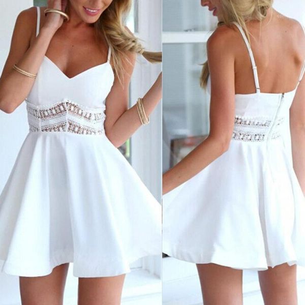 

women solid color v neck waist lace patchwork large hem mini sling dress1, Black;gray