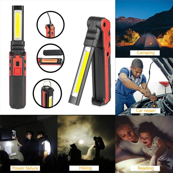 

usb rechargeable working light camping flashlight waterproof torch built-in battery cob led lantern with magnet/hook