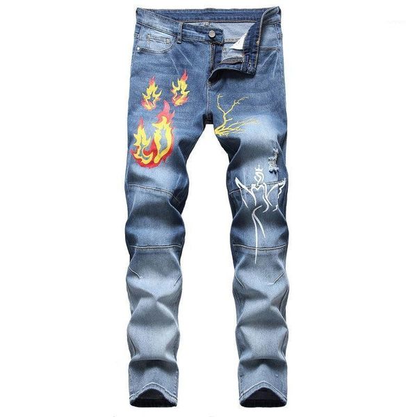 

long fashion men pants large size light blue european and american jeans denim printed stretch light-colored jeans1