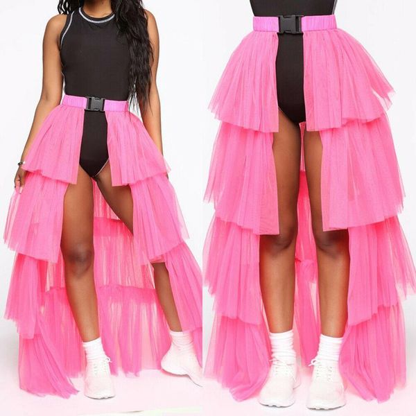 

2020 fashion women girls mesh skirts high waist umbrella skirts ladies layered tulle tutu skirts 2style long mini, Black