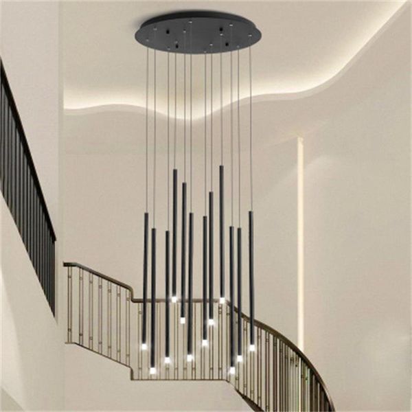 Lampadari moderni per scale, lampade a sospensione per soggiorno in villa nordica, illuminazione a lampadario a LED oro / nero per tromba delle scale rotante