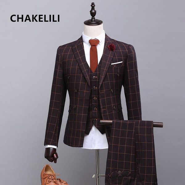 

custom made double breasted slim fit suit men plaid suits groom wedding suit male business formal prom jacket+vest+pants, White;black