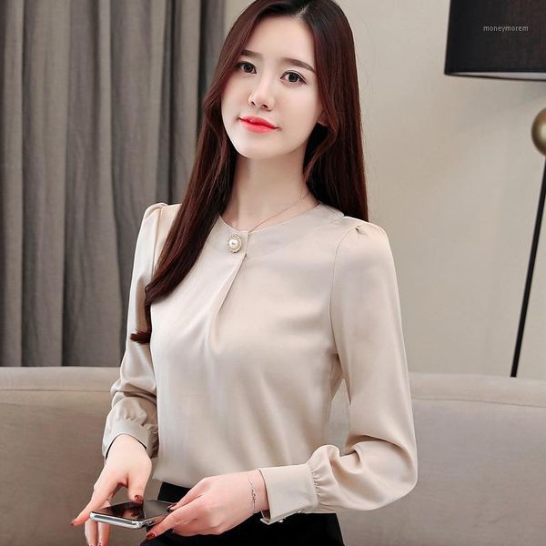 

women's blouses & shirts fashion casual korea pearl women shirt spring chiffon office blouse slim blusas femininas1, White