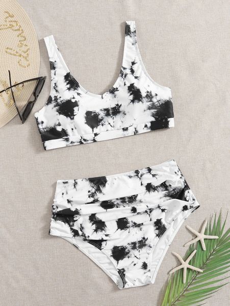 

plus tie dye ruched high waisted bikini swimsuit l2yo#, Black