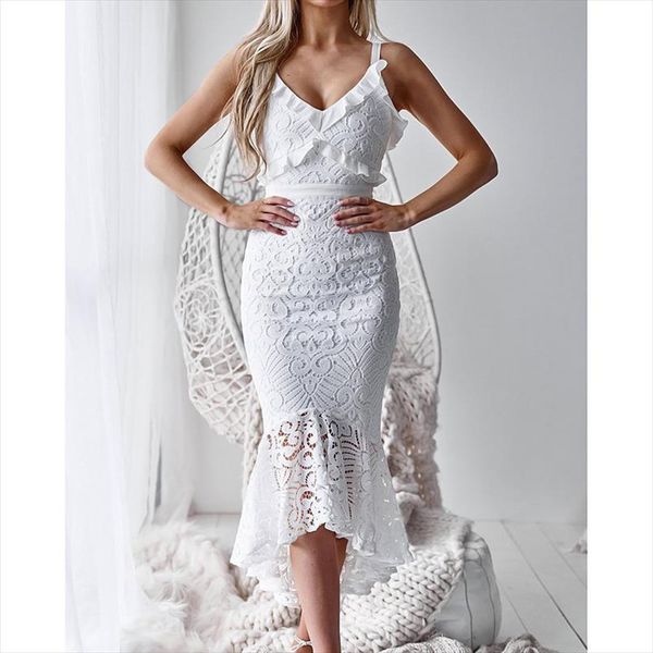 

2021 new arrival summer white lace long dress spaghetti strap ruffle bodycon women party dress, Black;gray