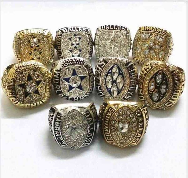 

10pcs set 1971 1977 1992 1993 1995 cowboys championship ring size 11 souvenir fan wholesale drop, Golden;silver