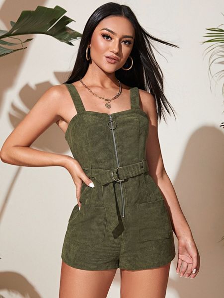 

o-ring zipper front belted cord romper k7dv#, White