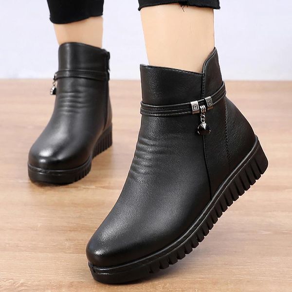 

ankle boots woman 2020 warm plush winter boots microfiber non-slip pleated leather women black brown size 35-41