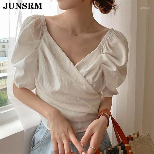 

women blouses summer 2021 v-neck lace up short shirts elegant puff sleeve casual chiffon shirt blusas femme blouses1, White