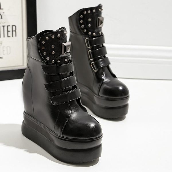

boots 2021 autumn women fashion high inside women's thick-soled platform shoes rivet magic stickers, Black