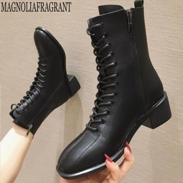

woman spring 2020 new winter boots women side zipper women's boots square head cross straps fashion mid-heel booties y505, Black